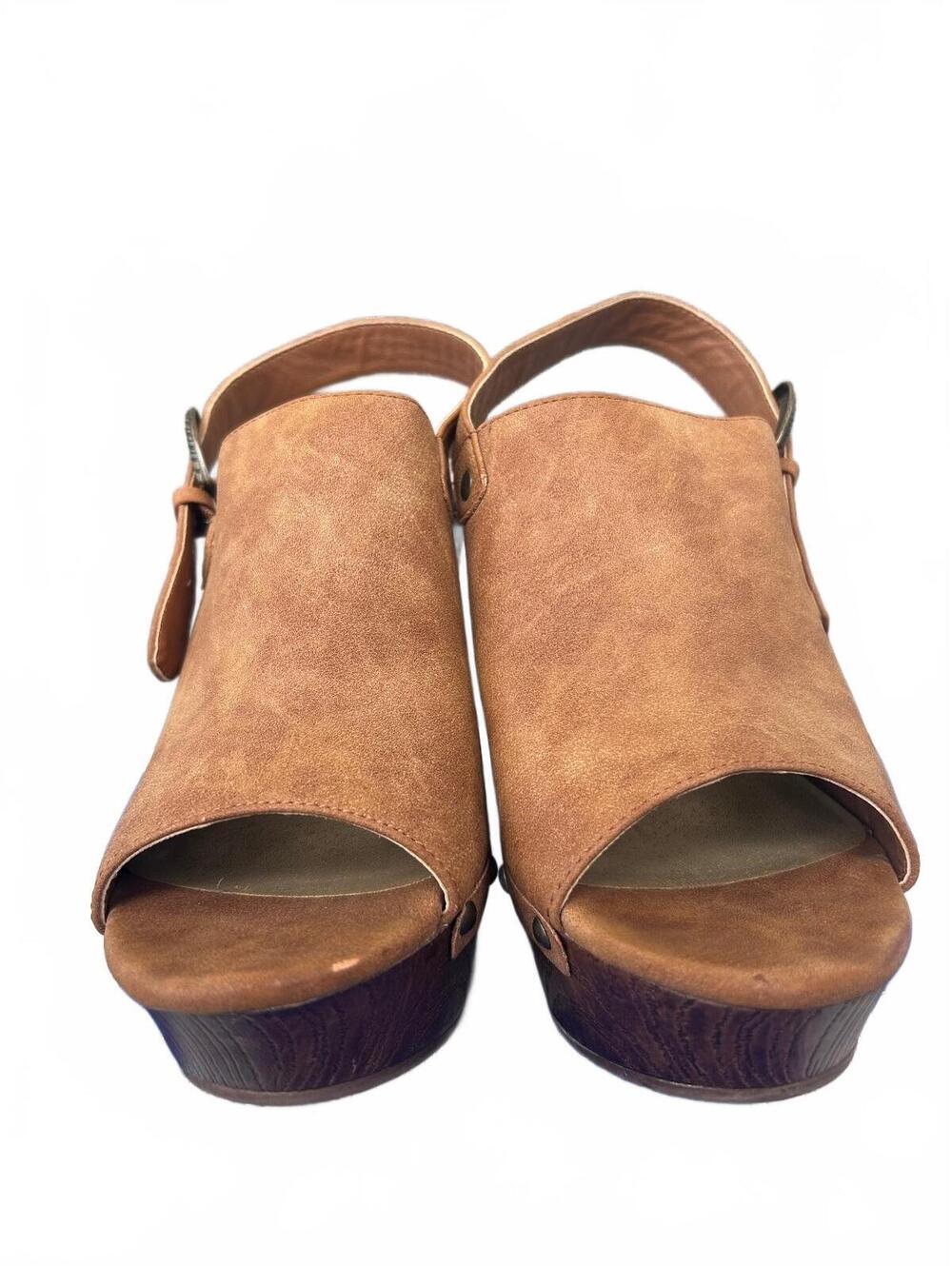 Brown Faux Suede Platform Slingback Heeled Sandals with Stud Accents